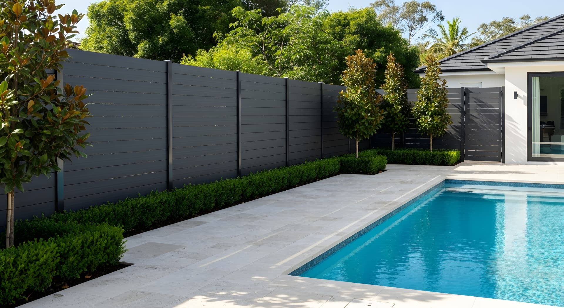 Modern swimming pool surrounded by light stone paver pool decking, pool deck pavers by Empire Pavers in Utah
